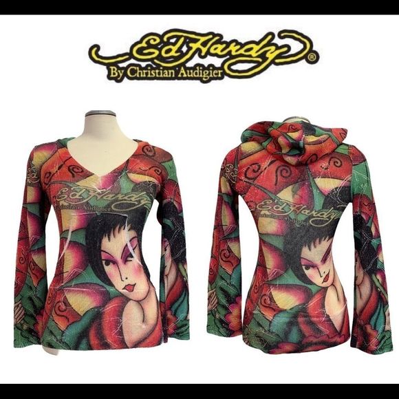 Ed Hardy Tops - Ed Hardy multicolour knit hoodie sweater Sz S/m